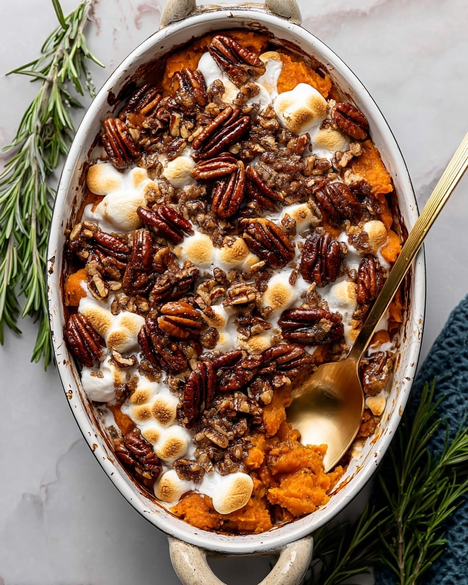 The dish is a baked sweet potato casserole in an oval cast iron pan with a white inside. The base layer is made of chunky, bright orange sweet potatoes with a soft texture. On top, there are melted, golden-brown marshmallows scattered unevenly, some toasted more than others, showing a mix of creamy white and caramel colors. The topmost layer is a generous amount of whole pecans, dark brown and shiny, spread all over in clusters. A gold spoon is scooping into the casserole from the right side. The pan sits on a white marbled surface, with some sprigs of green rosemary placed around. Photo taken with an iphone --ar 4:5 --v 7
