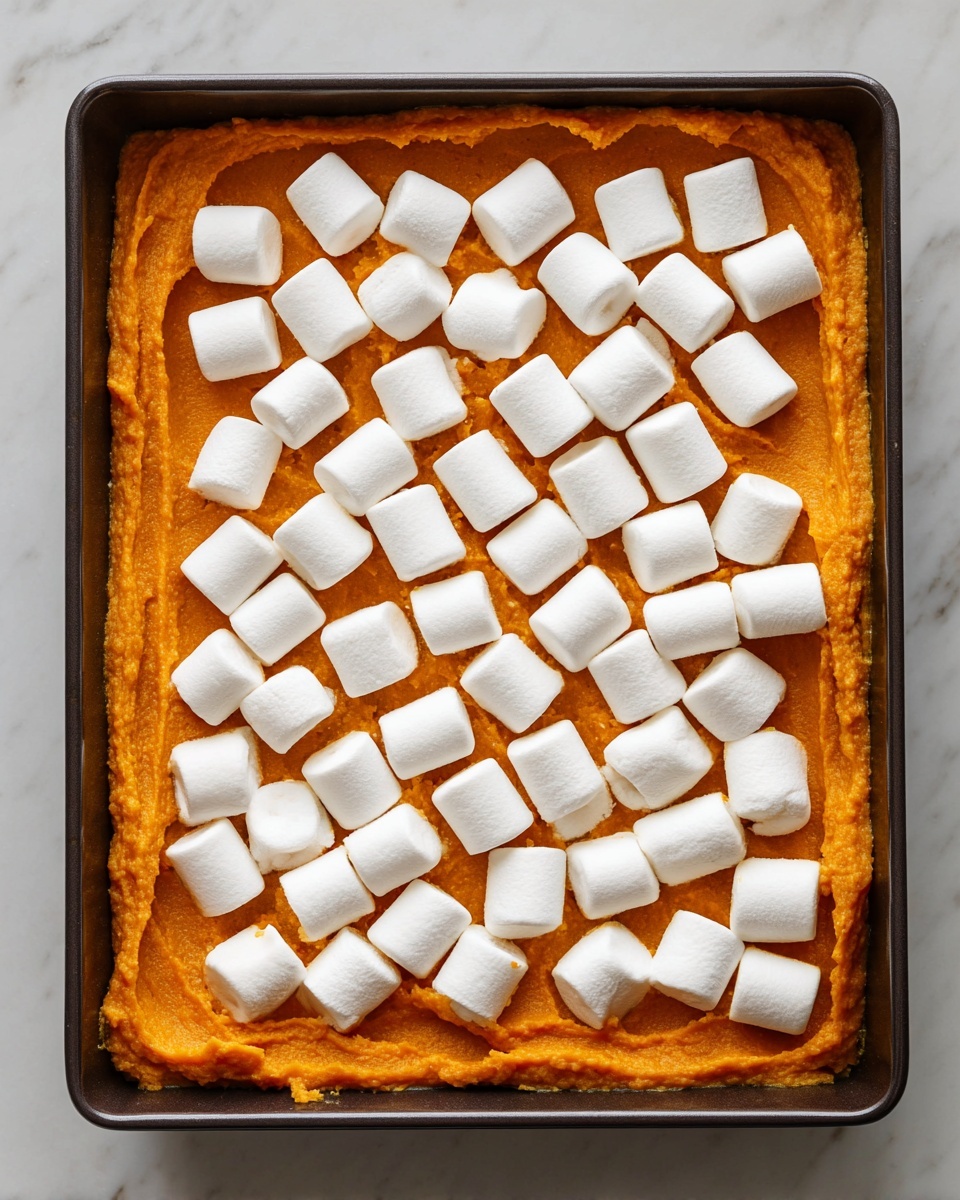 A rectangular dark baking pan holds a smooth layer of bright orange sweet potato mash that fills the pan evenly. On the right side, neat rows of large, white marshmallows cover about half the surface, arranged closely but not overlapping. The marshmallows are plump and soft, creating a clear contrast with the dense, creamy texture of the orange base. The edges of the mash are slightly uneven, showing some gentle scoops and spreading marks. The pan sits on a white marbled surface. photo taken with an iphone --ar 4:5 --v 7