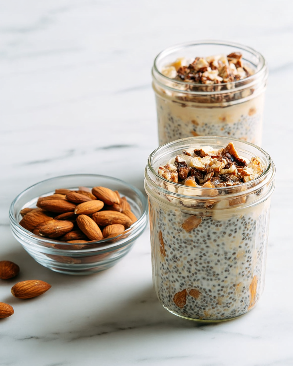 Two glass jars are filled with a creamy mixture that has layers of small black chia seeds, white creamy liquid, and chunks of light brown nuts mixed throughout. The jar in front is topped with whole and broken almonds, showing a textured nut layer on top. Behind it, the second jar has the same creamy chia mixture visible. To the left, a small clear glass bowl holds more almonds. All items are placed on a white marbled surface, creating a clean and fresh look. photo taken with an iphone --ar 4:5 --v 7