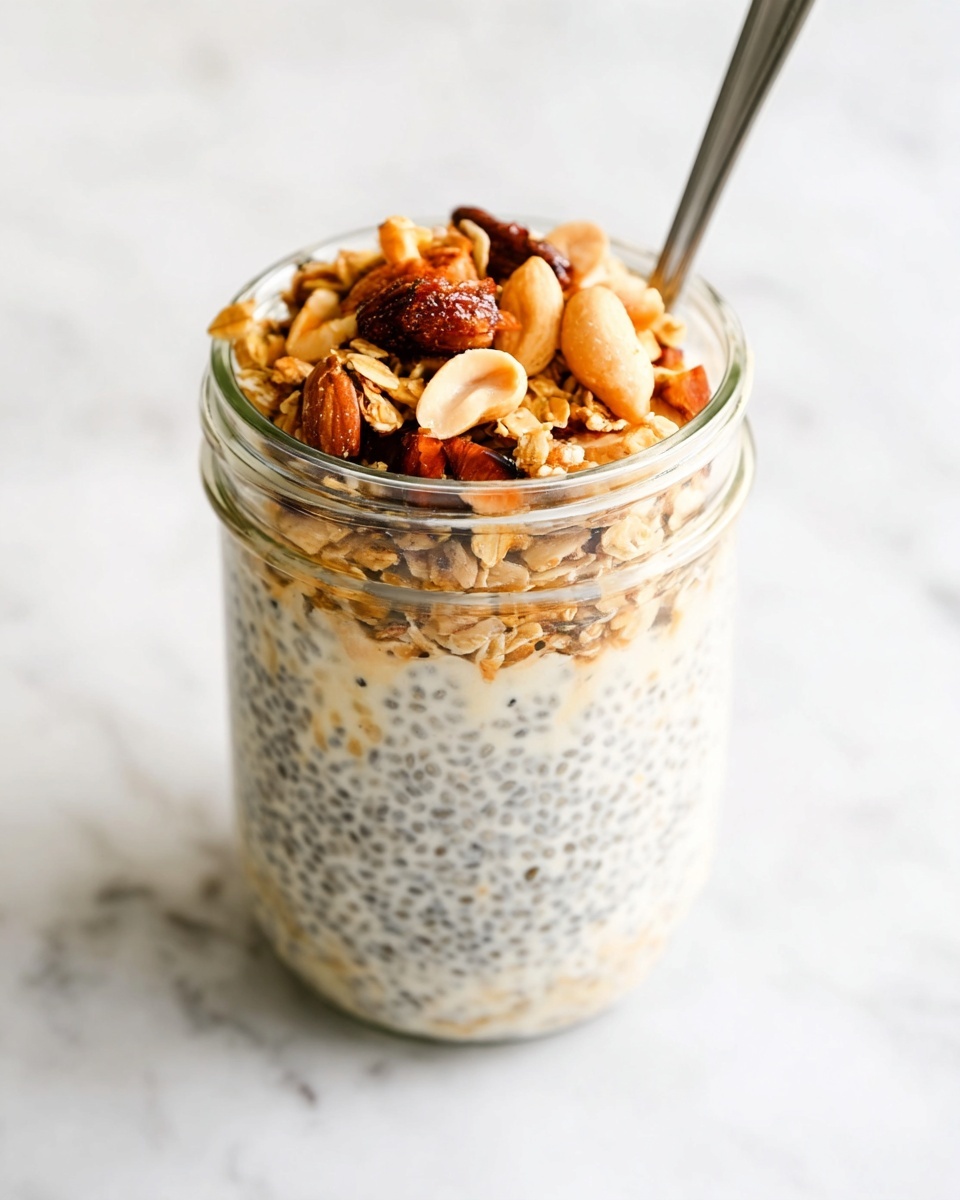 A clear glass jar filled with three layers of chia seed pudding mixed with milk, showing a creamy white base dotted with tiny black chia seeds. The top layer is covered with a mixture of golden-brown granola, whole almonds, and whole peanuts, adding a crunchy texture and warm nutty colors. A silver spoon is partially visible, inserted into the jar from the top right side. The jar is placed on a surface with a white marbled texture. photo taken with an iphone --ar 4:5 --v 7