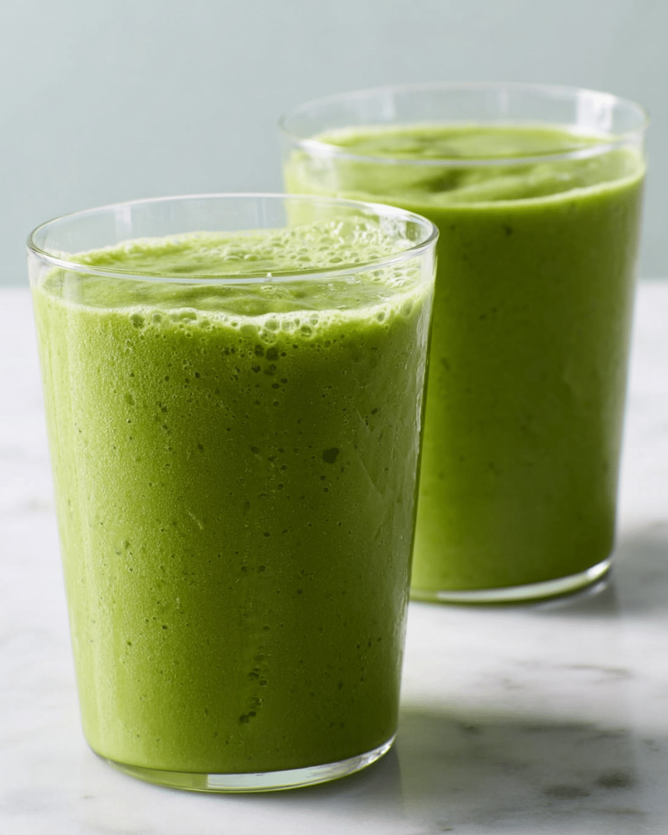 The image shows two clear glasses filled with a thick green smoothie that has a slightly frothy top layer. The smoothie itself has a smooth texture with tiny bits of blended ingredients visible throughout, giving it a fresh, vibrant green color that is uniform from bottom to top. The glasses are placed side by side on a white marbled surface, with light reflecting softly on the glass surfaces. The background is simple and pale, allowing the rich green color of the smoothie to stand out. photo taken with an iphone --ar 4:5 --v 7