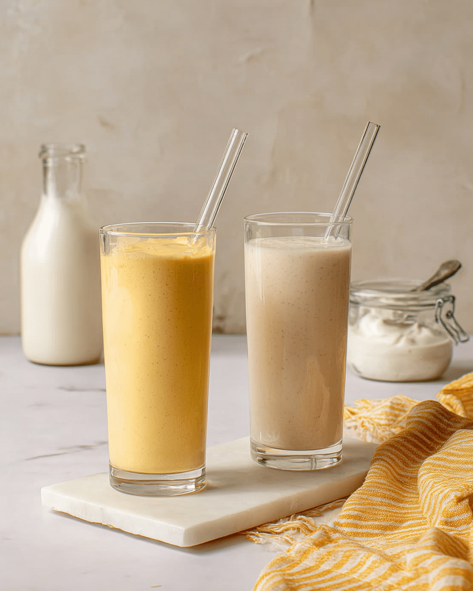 Two tall clear glasses sit side by side on a white marbled surface, each filled with a thick smoothie-like drink. The glass on the left holds a creamy yellow smoothie with a smooth texture and a clear glass straw poking out of the top. The glass on the right contains a light beige smoothie with a similar smooth texture and a clear glass straw as well. Behind the glasses, there is a glass bottle with white milk and a small jar filled with white yogurt and a spoon inside. On the right side, a yellow and white striped cloth is casually placed on the surface. The background is a softly textured neutral wall. Photo taken with an iphone --ar 4:5 --v 7