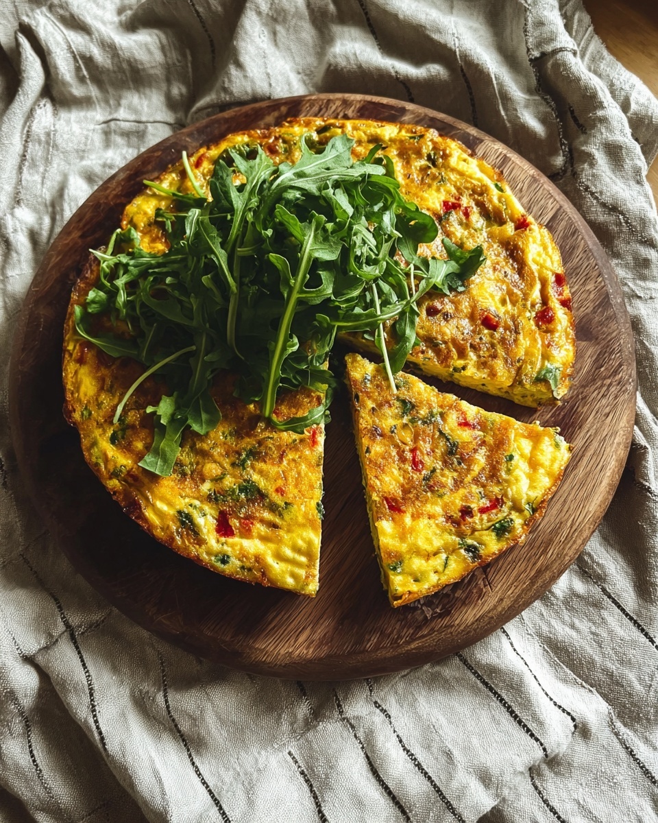 A round, golden-brown frittata with visible bits of green herbs and red vegetables is placed on a round dark wooden board. One slice is cut and slightly pulled out from the circle, showing the soft texture inside. A bunch of fresh, vibrant green arugula is piled in the center on top of the frittata, adding a lively color contrast. The wooden board rests on a crumpled beige cloth with white stripes. The overall look is warm and inviting with natural lighting. Photo taken with an iphone --ar 4:5 --v 7