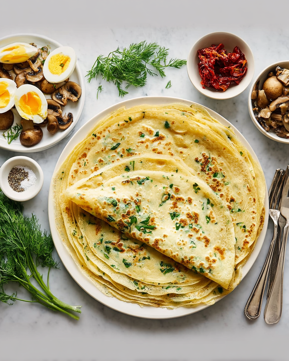 A white plate stacked with thin, round crepes speckled with green herbs, one crepe folded over showing its soft, light yellow texture with small browned spots. Surrounding the plate are small white bowls: one with sautéed mixed mushrooms in brown shades, another with bright red sun-dried tomatoes glistening with seasoning, and two tiny bowls containing salt and black pepper. On the left side, a white plate holds sliced boiled eggs with bright yellow yolks and fresh green herbs like dill and parsley arranged around them. The whole setup is on a white marbled surface with a silver fork placed near the top right. Photo taken with an iphone --ar 4:5 --v 7