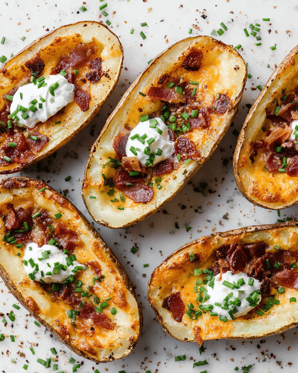 The image shows five potato skins on a white marbled surface, each cut lengthwise with three visible layers; the outer thin brown skin, the middle pale yellow potato flesh, and the top melted golden cheese layer with crispy dark red bacon bits scattered unevenly. A dollop of white sour cream sits in the center of each potato skin, topped with bright green chopped chives. The surface around them is sprinkled with coarse black pepper and chopped chives, creating a fresh and appetizing look. photo taken with an iphone --ar 4:5 --v 7