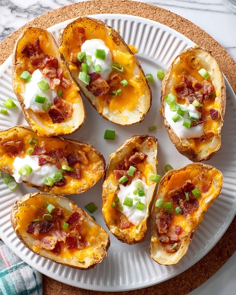 The image shows six potato skins arranged on a white plate with ridged edges, placed on a round cork mat over a white marbled surface. Each potato skin is cut in half lengthwise, with a golden brown crispy outer edge. Inside, there is a layer of melted orange cheddar cheese covering a base of cooked potato flesh, topped with small pieces of crispy bacon. Three of the potato skins have a dollop of white sour cream in the center, sprinkled with bright green chopped scallions. Extra scallions are scattered on the plate, adding a fresh green color contrast. Photo taken with an iphone --ar 4:5 --v 7