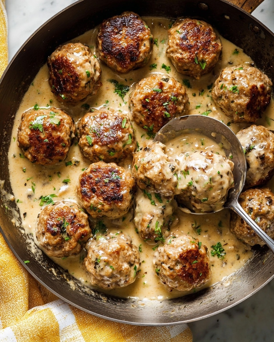 The image shows a pan filled with about fourteen browned meatballs, each with a golden, crispy outer layer and a smooth, creamy sauce coating parts of them. The meatballs are round and slightly textured, with bits of green herbs sprinkled on top. The sauce is light beige with small darker specks, suggesting herbs or spices mixed in. A large metal serving spoon rests inside the pan, partially lifting one meatball, revealing its moist and tender texture. The pan is set on a white marbled surface with a yellow-and-white checkered cloth nearby. photo taken with an iphone --ar 4:5 --v 7