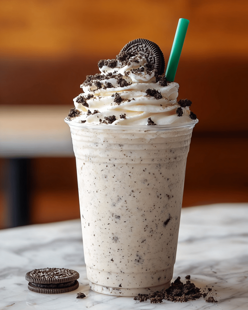 A clear plastic cup filled with a creamy, light beige milkshake mixed with small dark cookie bits throughout, creating a speckled look. On top is a thick, swirled white whipped cream layer, sprinkled generously with dark chocolate cookie crumbs. At the very top sits a small whole dark chocolate cookie piece. A green straw is inserted on one side, leaning slightly to the right. The cup is placed on a white marbled surface, with blurred warm-toned wooden background. Photo taken with an iphone --ar 4:5 --v 7