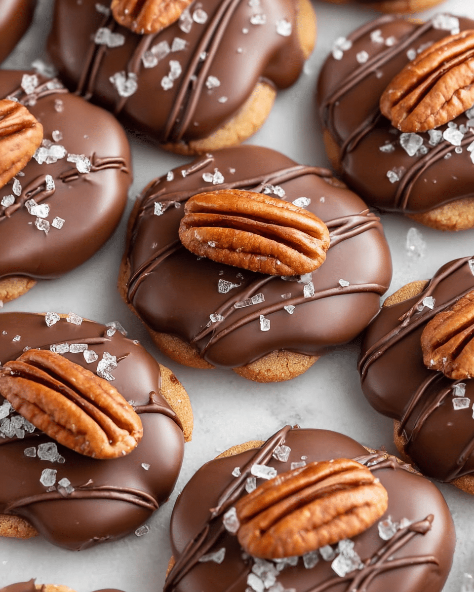 This image shows many small treats arranged closely on a white marbled surface, each with three visible layers. The bottom layer is a golden brown, thin and slightly uneven cookie base. The middle layer is a thick, shiny milk chocolate coating covering the cookie fully, with smooth and glossy textures. The top layer has a large whole pecan with a rich brown color placed in the center of each treat. Drizzled darker chocolate lines cross the top surface, adding extra detail, and large translucent flakes of sea salt are scattered on top, giving a crunchy contrast. photo taken with an iphone --ar 4:5 --v 7