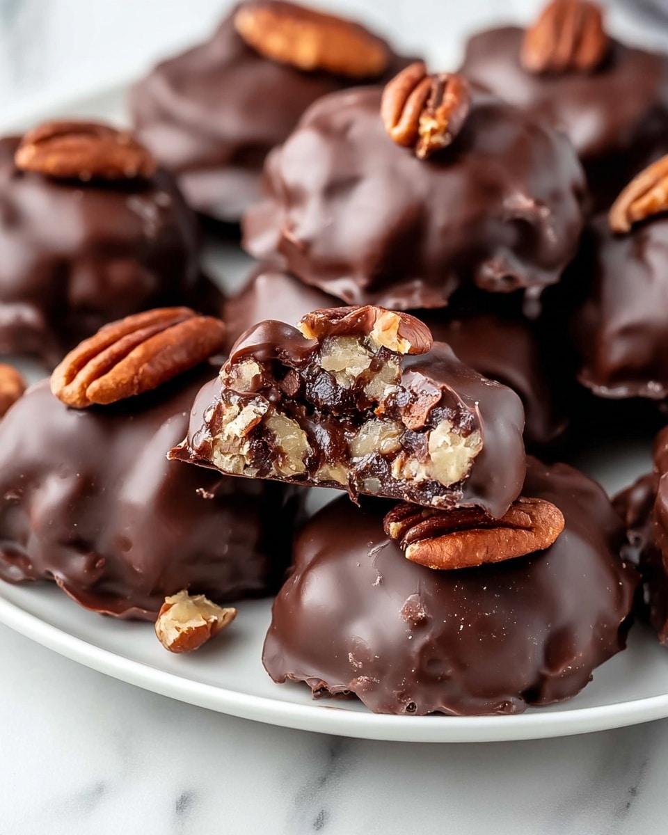 The image shows multiple dark chocolate-covered clusters on a white plate, each topped with a whole pecan. The clusters have a shiny, smooth chocolate coating with some nut pieces visible under the chocolate. One cluster in the center is bitten into, revealing a dense, slightly textured interior filled with chopped nuts and chocolate bits. The clusters vary slightly in shape, looking hand-formed, and are scattered closely together on the plate, which sits on a white marbled surface. Photo taken with an iphone --ar 4:5 --v 7