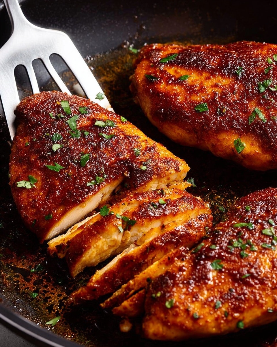 The image shows a close-up view of two pieces of golden-brown, pan-seared chicken breasts with a slightly crispy texture. One piece is whole and resting on a silver slotted spatula, while the other piece is sliced into several even sections, revealing juicy, white meat inside. Both pieces are evenly coated with a rich reddish-brown seasoning and sprinkled with finely chopped green herbs on top. They sit in a shiny black pan with a light coating of oil and cooking juices visible around the chicken. The lighting highlights the crispiness and moisture of the chicken, making it look appetizing and tender. Photo taken with an iphone --ar 4:5 --v 7