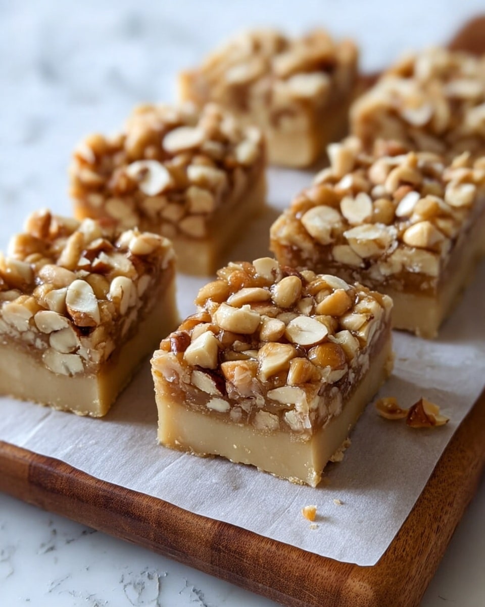 The image shows five square pieces of a nut bar dessert arranged closely on a piece of white parchment paper over a wooden board. Each piece has two visible layers: a bottom layer with a light beige, smooth, dense texture, and a top layer covered with a generous amount of mixed chopped nuts in shades of light brown and tan, giving a crunchy and chunky look. The dessert pieces have clean cut edges with some nuts slightly spilling over the sides. The background is a white marbled texture. photo taken with an iphone --ar 4:5 --v 7