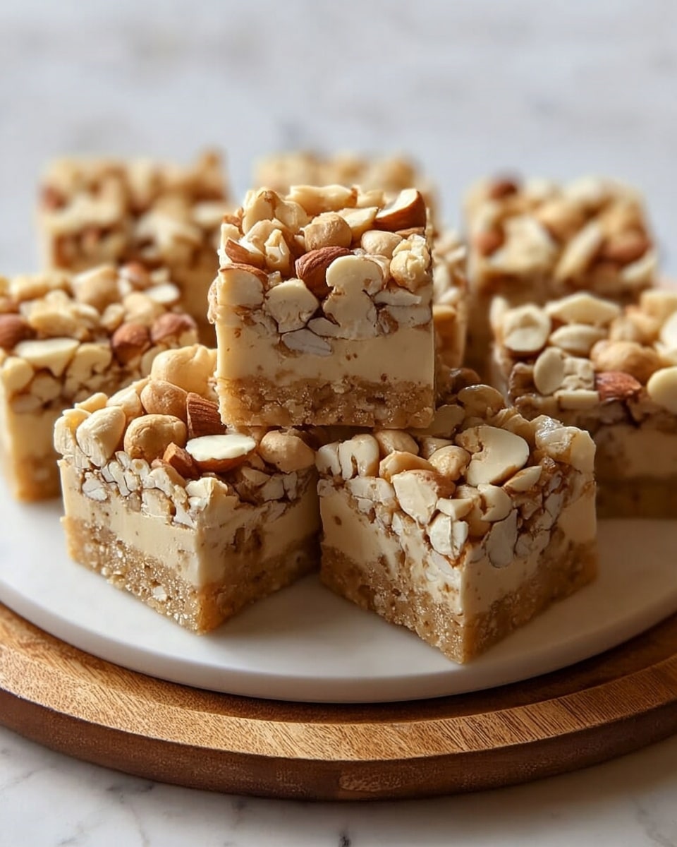 The image shows several square nut bars arranged closely on a white plate, which is set on a round wooden board over a white marbled surface. Each bar has a visible three-layer structure: a light brown crumbly base, a middle layer with creamy beige color and smooth texture, and a top layer densely packed with whole and chopped nuts in light brown and beige tones, including almonds and cashews. The bars have sharp, clean edges with a slightly rough nut topping. Photo taken with an iphone --ar 4:5 --v 7