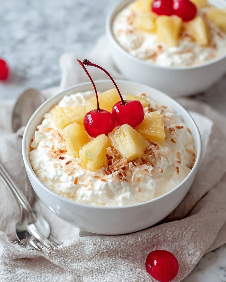 The image shows a white bowl filled with a creamy, fluffy white dessert topped with golden toasted coconut shreds. On top of the dessert are bright yellow pineapple chunks and two shiny red cherries with stems, placed centrally. Behind it, a second bowl with the same dessert is partially visible. On the white marbled surface, near the front bowl, there is a silver spoon resting on a light textured cloth, and another red cherry lies beside it. The overall setting is light and inviting, focused on the layered dessert's textures and colors. photo taken with an iphone --ar 4:5 --v 7