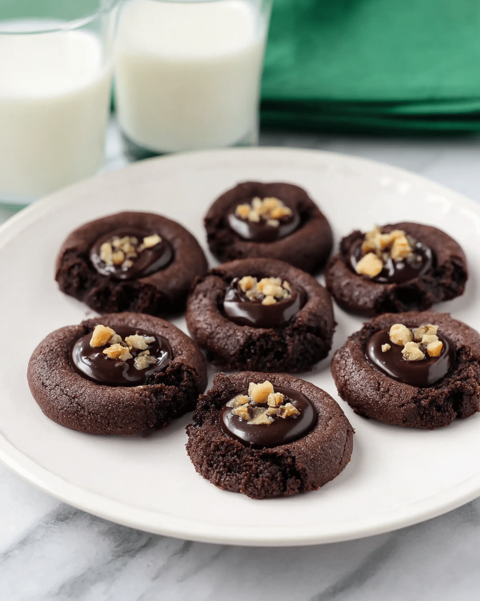 A white plate holds seven dark chocolate thumbprint cookies arranged in a loose circle. Each cookie has a soft, dense dark brown base with a smooth, glossy chocolate filling in the center, topped with small chunks of crushed nuts adding texture and light brown color contrast. The plate rests on a white marbled surface with two glasses of milk and a folded green cloth in the background, softly blurred to keep focus on the cookies. Photo taken with an iphone --ar 4:5 --v 7