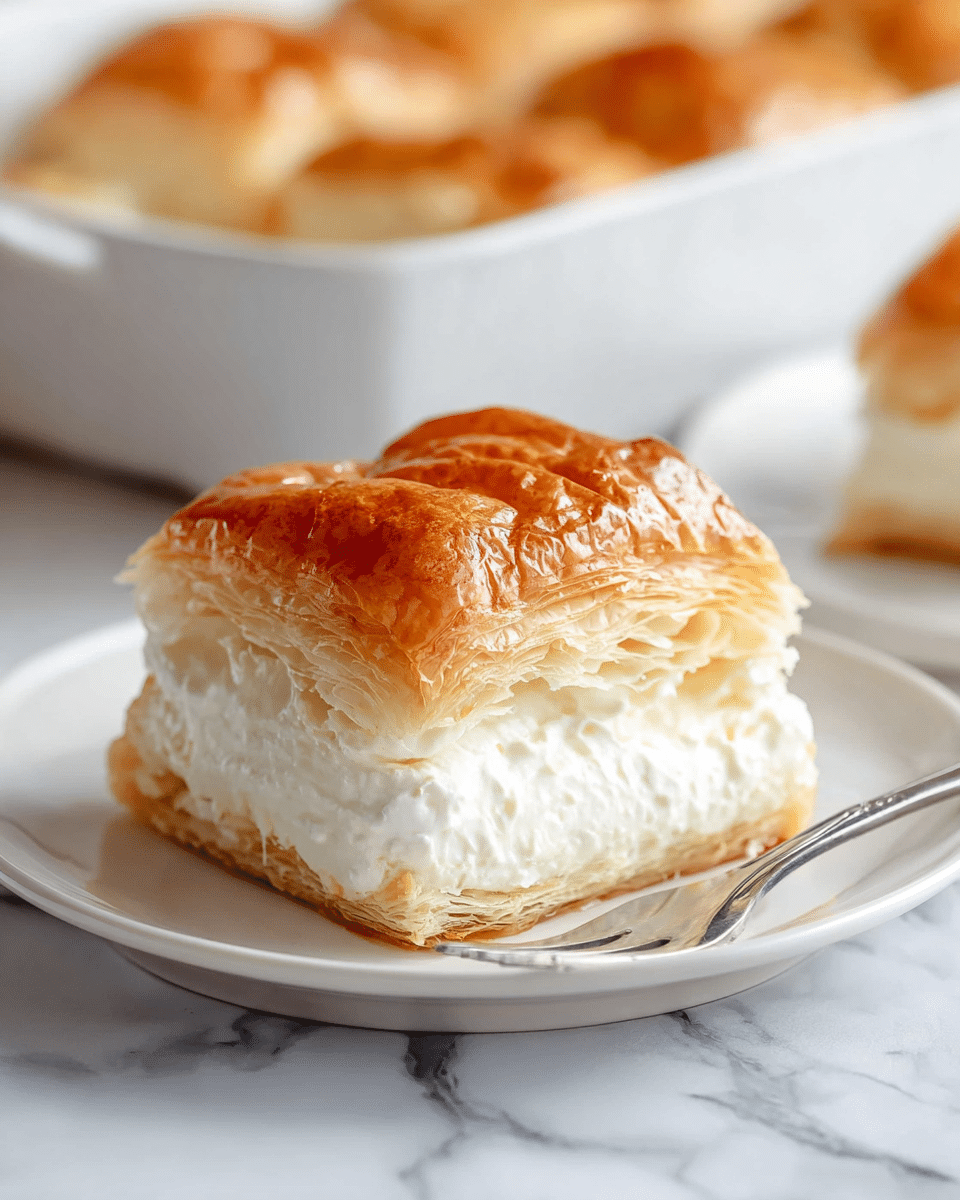 A square piece of cream-filled pastry sits on a white plate with a silver fork on the right side. The dessert has three visible layers: the top layer is a golden-brown, flaky puff pastry with a slightly glossy surface and visible crisp edges. The middle layer is a thick, white, creamy filling that looks soft and smooth, slightly bulging beyond the pastry edges. The bottom layer is a light, flaky pastry base that supports the creamy center. The background is a white marbled texture with a blurred white baking dish holding more pieces of similar pastry in the upper part of the image. Photo taken with an iphone --ar 4:5 --v 7
