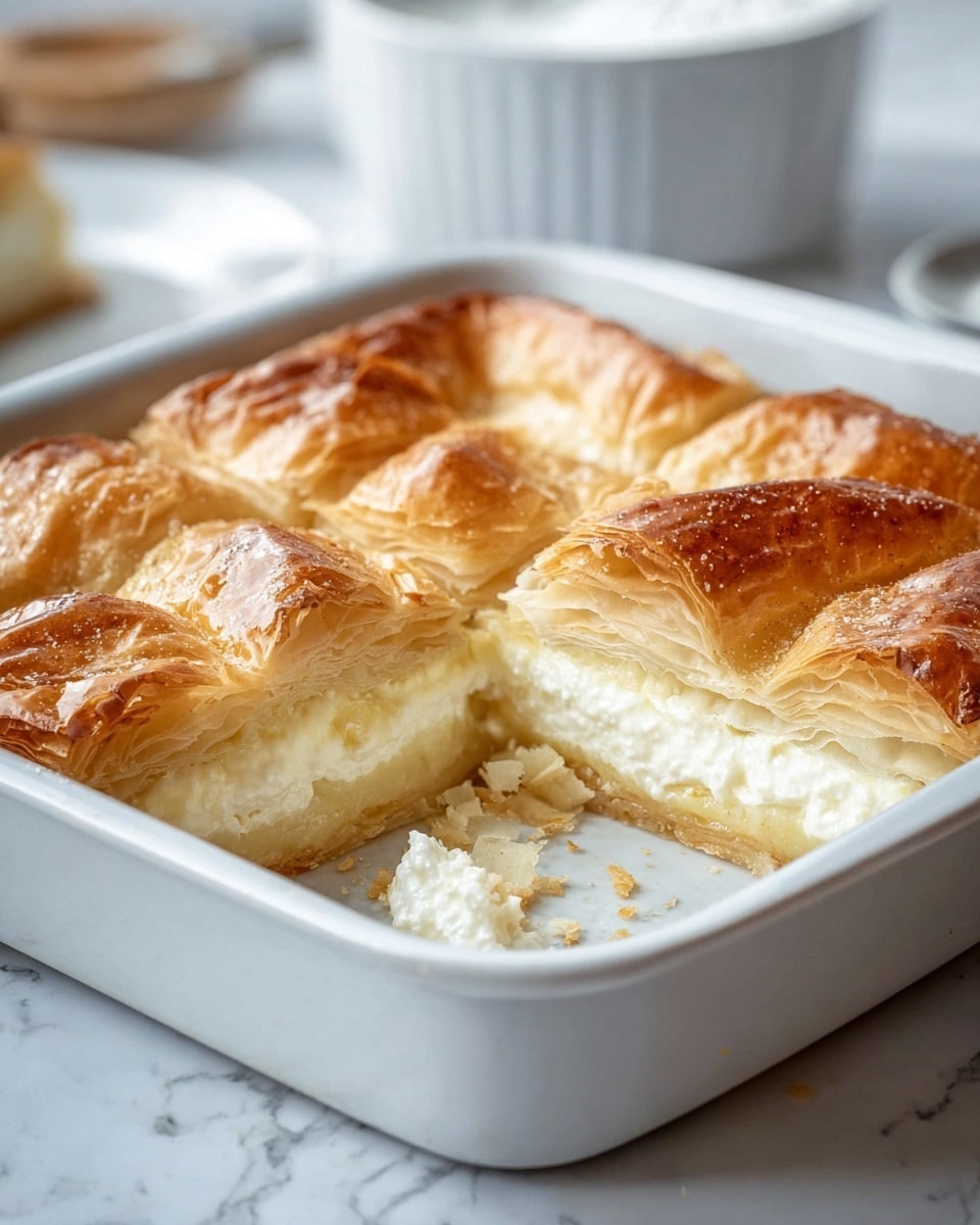 The image shows a square white baking dish with a golden-brown layered pastry inside. The pastry has four visible layers with a crisp, flaky top layer that is browned and slightly cracked, showing puffiness. Underneath, there are thick, creamy white layers that appear soft and smooth, separated by thin, light-colored dough layers. Some crumbs are scattered inside the dish, and a portion of the pastry is cut, revealing the clean layers. The dish sits on a white marbled surface, with a blurred white bowl and other items in the background. Photo taken with an iphone --ar 4:5 --v 7