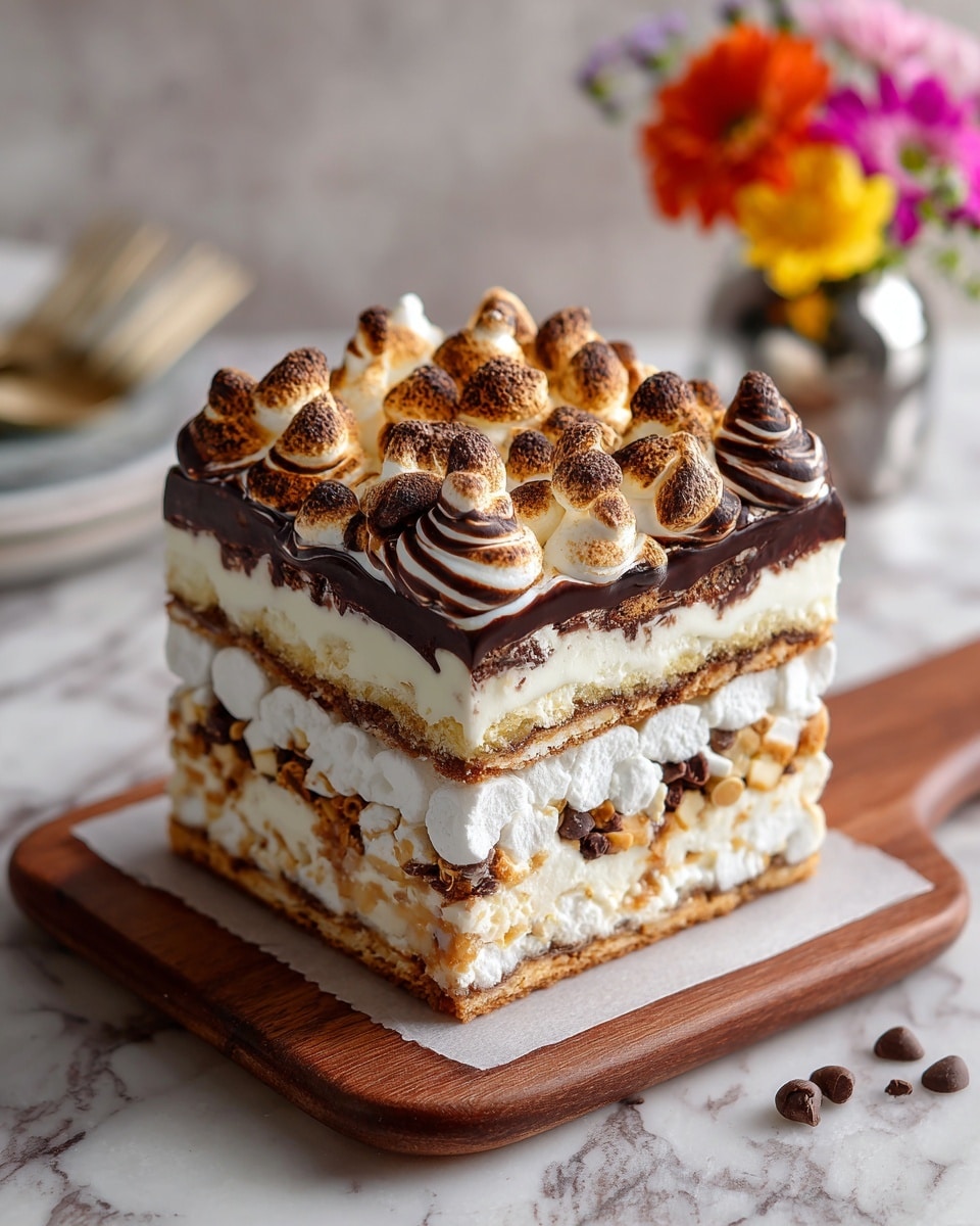 A three-tiered square dessert stands on a wooden board with a white marbled textured background. Each tier has multiple layers of light brown graham crackers, white marshmallow filling with visible toasted spots, and dark brown chocolate chips. The bottom tier is the largest, with alternating layers of marshmallow and graham crackers visible on the sides. The middle tier is smaller and placed centered on top, featuring the same layered pattern but with a thick, dark brown chocolate frosting swirl running around its base. The top tier, the smallest, shows the toasted marshmallow and chocolate chip mixture clearly on top. The overall texture looks crunchy and gooey with toasted, melted marshmallows and chocolate. In the background, a silver pitcher holds small flowers, adding a soft colorful contrast. photo taken with an iphone --ar 4:5 --v 7