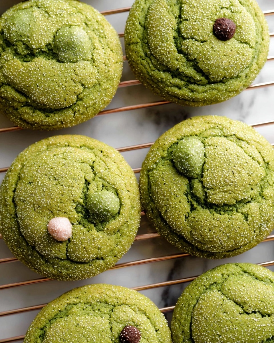 The image shows a group of seven green cookies with a soft, cracked texture and a sugar-coated surface, placed on a metal cooling rack over a white marbled texture. Each cookie is round and has a slightly uneven, bumpy top with visible sugar crystals giving a sparkling effect. One cookie has small dollops of light pink and dark brown cream on top, adding a decorative touch. The overall color of the cookies is a vibrant green, suggesting a unique flavoring like matcha. Photo taken with an iphone --ar 4:5 --v 7