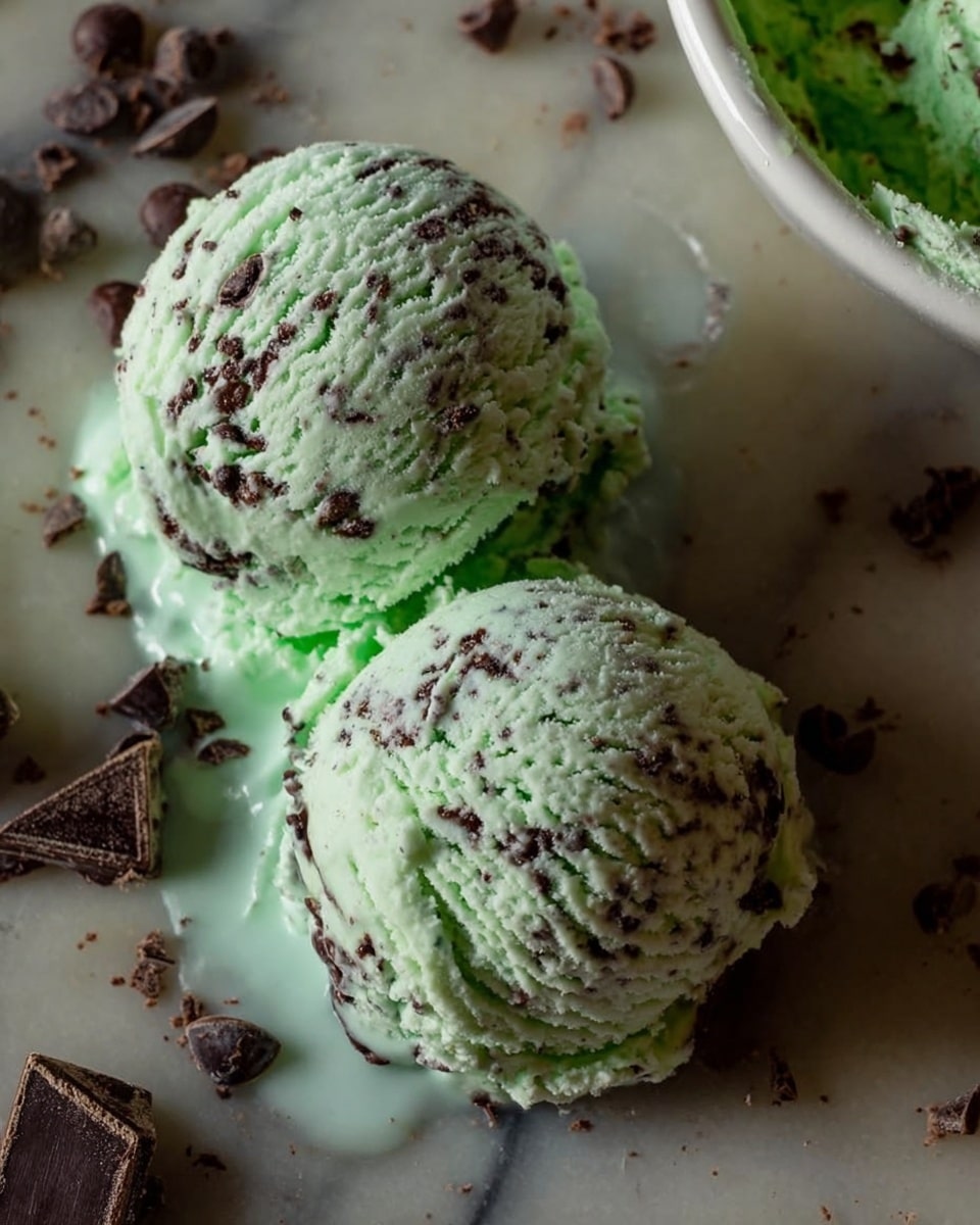 The image shows two scoops of light green mint chocolate chip ice cream on a surface with a white marbled texture. Each scoop is creamy and textured with small bits of dark chocolate chips scattered throughout. The ice cream has begun to melt slightly, forming shiny pools around the scoops. Nearby, loose dark chocolate chips are spread across the surface. A white bowl with more of the green ice cream is slightly visible in the top right corner. The photo is close up, capturing the cool, creamy texture of the ice cream and the rough texture of the chips. Photo taken with an iphone --ar 4:5 --v 7