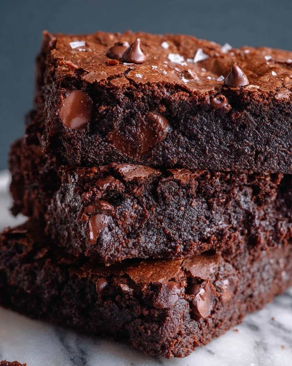The image shows a dense chocolate brownie broken into three layers. The top layer features a cracked, slightly shiny dark brown crust with visible melted chocolate chips scattered on its surface. The middle layer appears rich and fudgy with a moist texture, dense and almost crumbly. The bottom layer continues the fudgy texture with small bits of melted chocolate embedded. There are small white flakes sprinkled on the top and in the cracks. The brownies rest on a white marbled surface. photo taken with an iphone --ar 4:5 --v 7