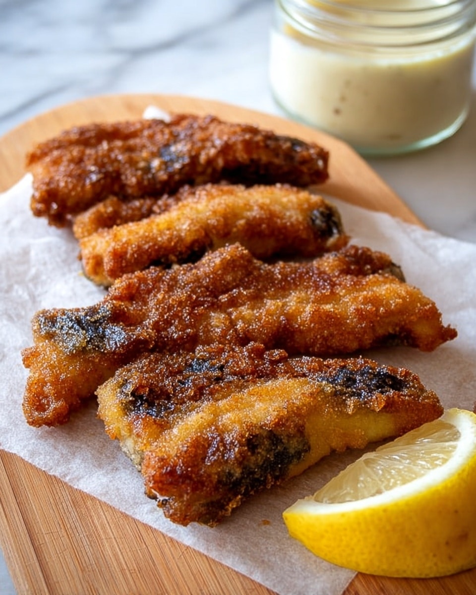 The image shows three pieces of golden brown fried fish placed in a slightly overlapping row on white parchment paper, which rests on a wooden board. The fried fish has a rough, crispy coating with dark patches of visible fish skin peeking through in places. To the right of the fish, there is a thick slice of bright yellow lemon wedge and a glass jar filled with a light creamy sauce. The background is a white marbled surface. photo taken with an iphone --ar 4:5 --v 7