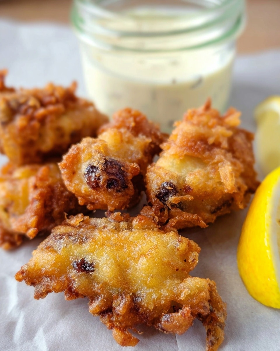 The image shows a close-up of five golden-brown fried pieces with a crispy texture, each piece showing some dark spots from the food inside the batter. They are placed closely on a light surface with a white jar of creamy white sauce in the background, blurred but visible. To the right of the fried food is a bright yellow lemon wedge. The overall look is warm and appetizing with a focus on the crunchy texture of the fried food. Photo taken with an iphone --ar 4:5 --v 7