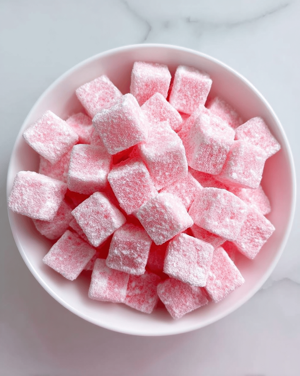 A white bowl filled with many small, pink square-shaped candies, each candy covered lightly with a fine white powder on top, giving them a soft, grainy texture; the candy cubes are stacked closely together in a neat pile, and the bowl is placed on a white marbled surface. photo taken with an iphone --ar 4:5 --v 7