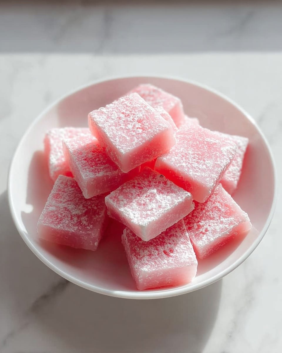 A small pile of pink squares stacked in a white bowl, each piece showing a soft, slightly translucent texture with a dusting of white powder on top, the blocks are arranged unevenly, displaying their smooth edges and light, frosted surface. The bowl sits on a white marbled surface with bright, natural light coming from the top left, making the pink color appear vibrant and fresh. photo taken with an iphone --ar 4:5 --v 7