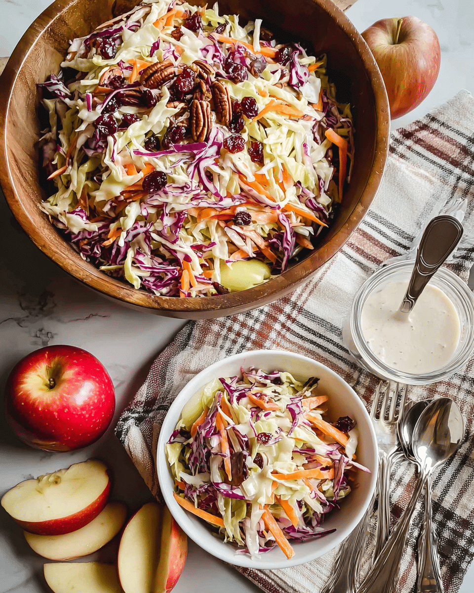 The image shows a fresh coleslaw salad served in one large white bowl and one smaller white bowl. The salad has three main layers: the bottom layer is finely shredded pale green and purple cabbage, the middle layer consists of thin orange carrot strips and pale yellow slices of cabbage, and the top layer is decorated with dried dark red cranberries and brown pecans. The salad looks creamy and mixed, with some shiny seeds sprinkled. Around the bowls, there are two shiny red apples, one cut into thin white slices with red edges. There is also a small clear glass container of white creamy dressing and several shiny silver forks resting on a cloth napkin with a beige, brown, and blue checked pattern. The bowls and items are placed on a white marbled surface that fills the background. photo taken with an iphone --ar 4:5 --v 7