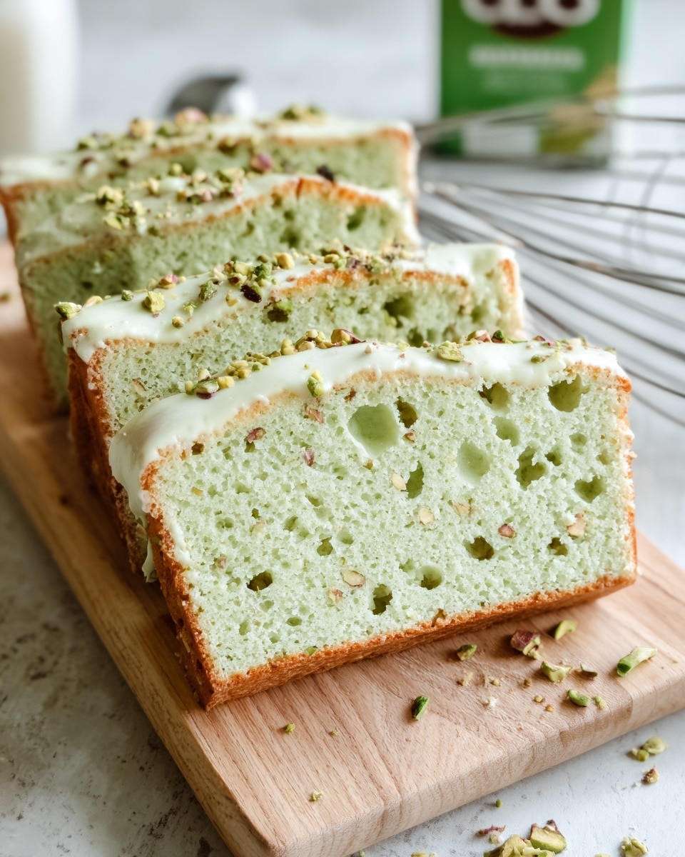 The image shows three slices of light green cake arranged on a wooden board. Each slice has a soft and airy texture with small holes and bits of green pistachio nuts embedded inside. The top layer is slightly browned with a thin glaze coating, sprinkled unevenly with crushed pistachios, adding a bit of crunch. The background is a white marbled texture with a blurred carton and a metal whisk partially visible. Photo taken with an iphone --ar 4:5 --v 7
