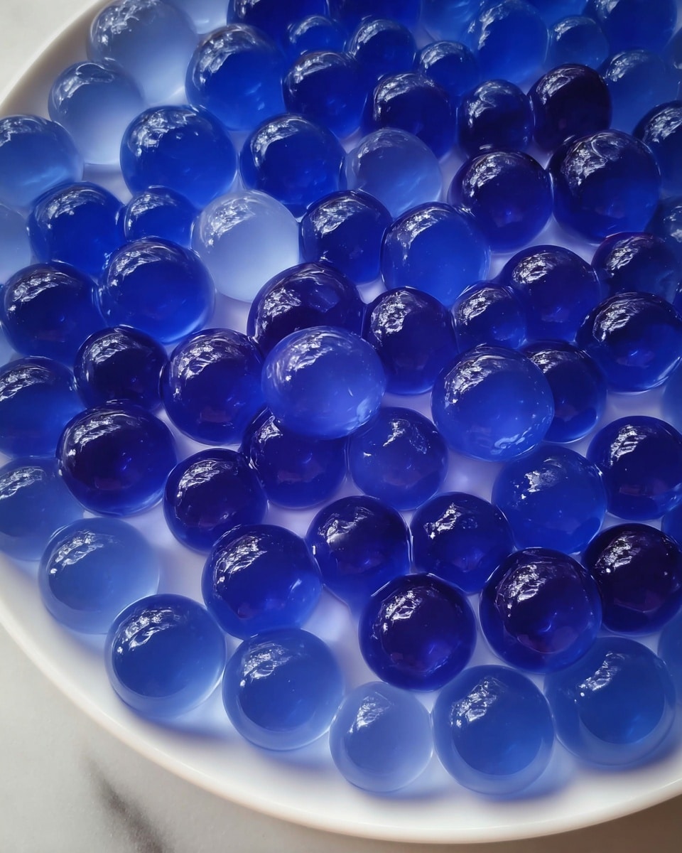 The image shows many small, shiny blue gelatin balls clustered closely together on a white plate. The balls are translucent with smooth surfaces, each varying slightly in size and shade of blue, from lighter to deeper hues. Their rounded shapes catch the light, creating reflections and a glossy look. The blue spheres have a soft, jelly-like texture and form a dense, bumpy layer filling most of the plate's visible area, set on a white marbled surface. Photo taken with an iphone --ar 4:5 --v 7