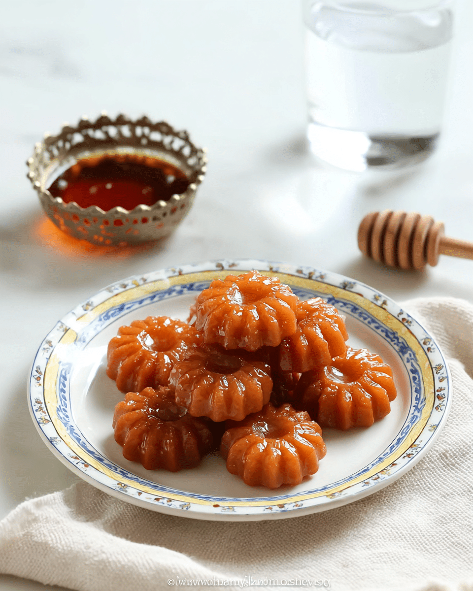 A white plate with blue and yellow rings around the edge holds a stack of eight shiny, golden brown flower-shaped sweets with a glossy texture on top. The sweets are arranged in a neat pile at the center of the plate. The plate sits on a soft white cloth on a white marbled surface. To the side, there is a small glass bowl with dark amber syrup on a metallic decorative holder and a wooden honey dipper resting beside it. In the background, there is a clear glass of water. The setting is bright and clean, giving a fresh look. photo taken with an iphone --ar 4:5 --v 7
