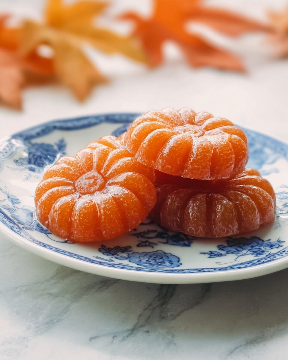 Three round, orange sweets with a shiny, sticky surface and grooved patterns on top are placed on a white plate with blue floral designs. The sweets are stacked slightly overlapping each other, showing their detailed ridges and soft texture. The plate rests on a white marbled surface with soft autumn-colored leaves blurred in the background. photo taken with an iphone --ar 4:5 --v 7