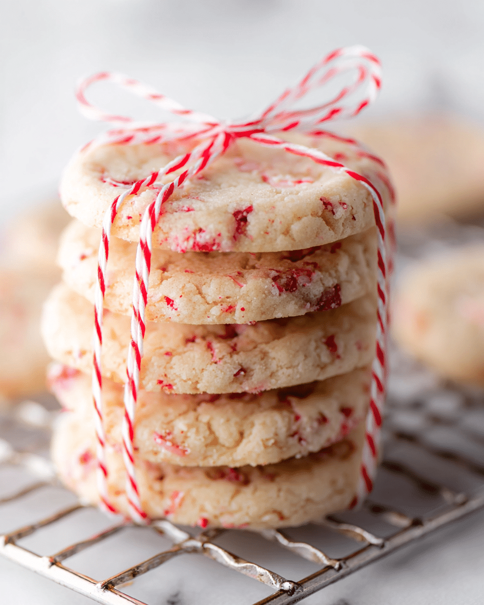A stack of six round cookies with a light beige color and bits of bright red candy scattered throughout each cookie. The cookies are neatly piled on top of each other, tied together with a thin, white and red striped string in a bow on the top cookie. The stack sits on a metal wire rack, all placed on a white marbled surface. Soft lighting highlights the crumbly texture of the cookies and the shiny finish of the string. photo taken with an iphone --ar 4:5 --v 7