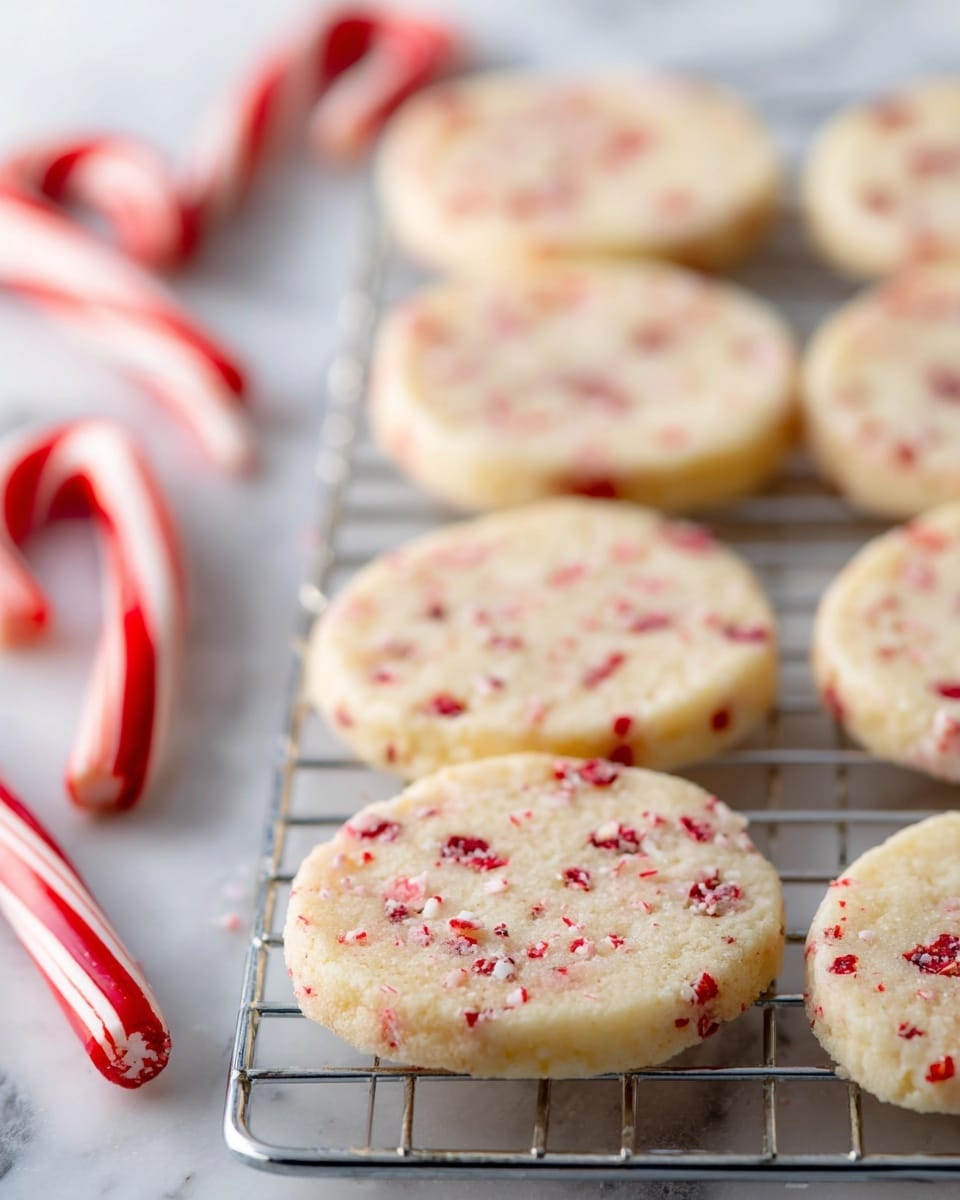 The image shows round, thin cookies with small red chunks evenly mixed throughout, placed on a metal cooling rack. The cookies have a light beige color and a slightly rough texture. In the background, partially blurred, there are a few red and white candy canes standing upright and leaning on the rack. The whole scene is set on a white marbled surface that reflects soft light, giving a clean and fresh feeling. photo taken with an iphone --ar 4:5 --v 7