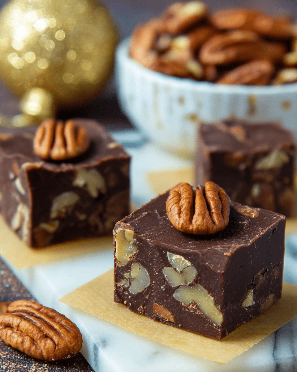 Three square pieces of chocolate fudge with visible chunks of light brown walnuts embedded inside and topped with a whole pecan nut each. The fudge is dark brown with a smooth yet slightly rough texture, sitting on small beige paper squares. The background shows a white bowl filled with more pecans on a white marbled surface. There is a glittery golden ball blurred in the background. photo taken with an iphone --ar 4:5 --v 7