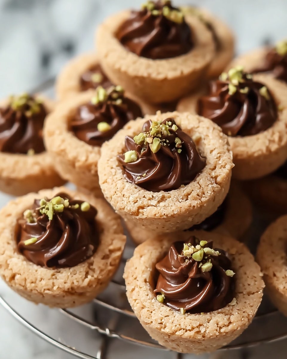 The image shows a close-up of stacked small cookies with a swirl design, each having two layers; the base layer is a light brown, crumbly cookie shaped like a small round tart, and the top layer features a darker brown chocolate filling dolloped in the center with a smooth, glossy texture. Small green nut pieces are sprinkled on the chocolate in the middle of each swirl. The cookies are arranged on a white plate with a wire design and placed on a surface with a white marbled texture. photo taken with an iphone --ar 4:5 --v 7