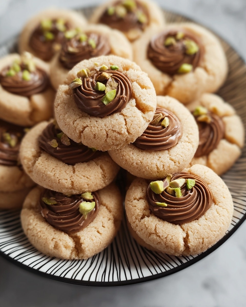 The image shows a close-up of round, light brown cookies with a soft, cracked texture, arranged on a white plate with black spiral lines. Each cookie is topped with a swirl of smooth, dark chocolate cream in the center, garnished with small pieces of green nuts. The cookies look soft and crumbly, and they are stacked in a pile, creating a layered effect with the cookies overlapping each other. The background is a white marbled texture. photo taken with an iphone --ar 4:5 --v 7