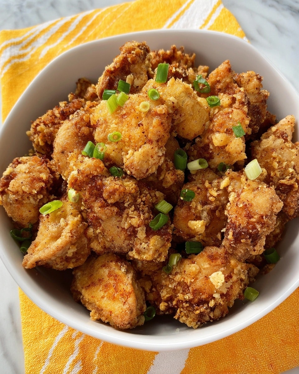 A white bowl filled with many pieces of golden brown fried chicken, each piece showing a crispy and crunchy texture with uneven, bumpy coating. Scattered small green onion slices add a pop of bright green color on top of the chicken. The bowl sits on a yellow cloth with white stripes, set against a white marbled surface. The fried chicken pieces look warm and freshly cooked with some dark-browned edges. photo taken with an iphone --ar 4:5 --v 7