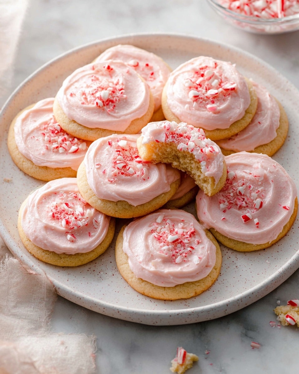 A white speckled plate holds eleven round sugar cookies, each topped with a thick layer of light pink frosting that has a soft, swirled texture. On top of the frosting, there are small pieces of crushed candy cane scattered evenly, adding red and white color with a crunchy look. One cookie is slightly lifted and has a bite taken out, revealing a soft, golden-brown inside. The plate rests on a white marbled surface, with a few crumbs scattered nearby. Photo taken with an iphone --ar 4:5 --v 7