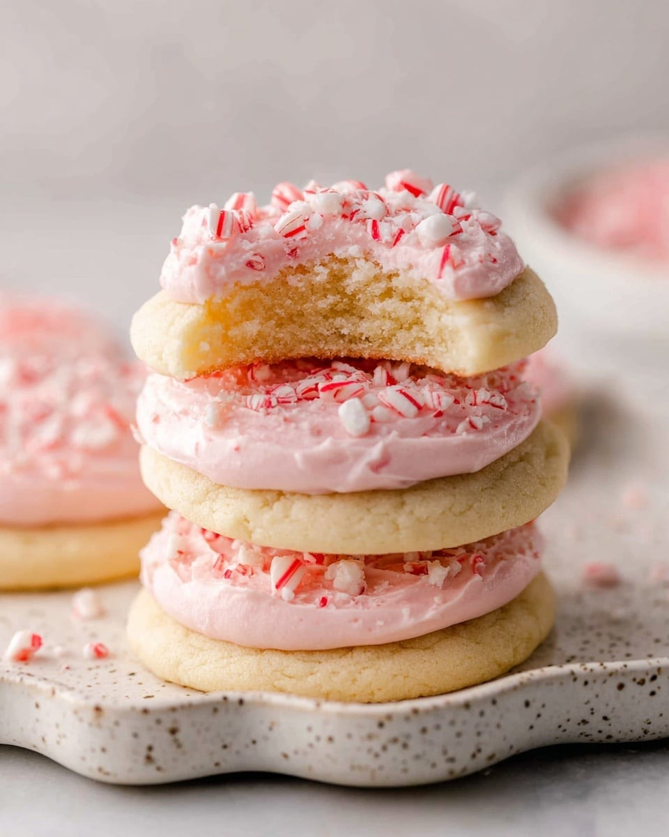 A stack of three soft, pale yellow cookies with two thick layers of light pink frosting between them, each frosting layer dotted with small, red and white peppermint candy pieces. The top cookie has a bite taken out of it, showing a crumbly, moist inside. The cookies and frosting are set on a white speckled plate with wavy edges, all placed on a white marbled surface. Photo taken with an iphone --ar 4:5 --v 7