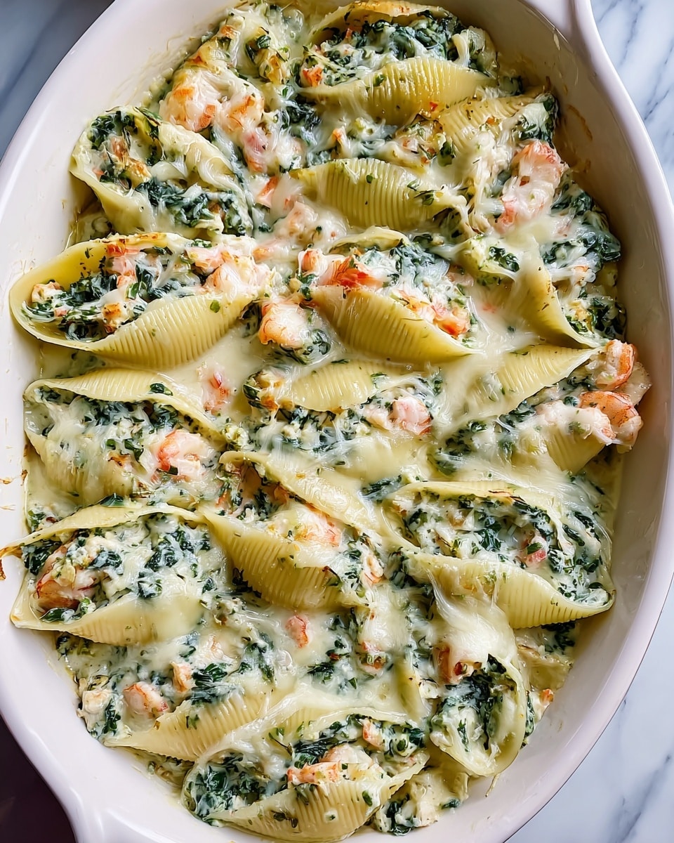 A white oval baking dish filled with large pasta shells stuffed with a creamy white mixture that includes visible bright green spinach and small pieces of orange and pink seafood. The shells are arranged in a single thick layer, covered with melted white cheese that stretches and bubbles slightly, blending into the creamy sauce at the bottom of the dish. The texture of the pasta is smooth with ridges, and the stuffing looks rich and moist with visible chunks of seafood and leafy spinach, all set against a white marbled surface. photo taken with an iphone --ar 4:5 --v 7
