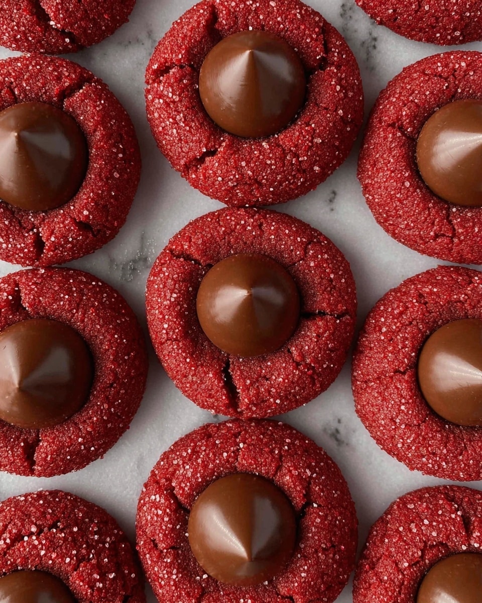 The image shows several round cookies with a rough textured red outer layer, arranged closely together on a white marbled surface. Each cookie has two layers: the bottom is a deep red cookie with a coarse crumbly texture, some showing slight cracks, and the top layer is a smooth, glossy, chocolate-colored Hershey's kiss placed in the center of each cookie, creating a strong contrast. The cookies are uniform in size, filling the frame in a neat grid pattern. photo taken with an iphone --ar 4:5 --v 7