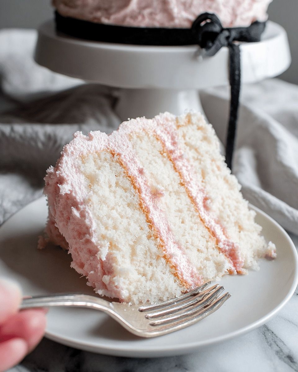 A close-up of a slice of white cake with three layers separated by soft light pink frosting, placed on a white plate, with a woman's hand holding a silver fork resting on the plate near the base of the cake. The cake layers are fluffy and textured, while the pink frosting is smooth and creamy, thickly spread between each layer and around the outside edges of the cake slice. In the background, part of the whole cake on a white cake stand with black ribbon decoration is visible against a soft, light gray fabric and a white marbled surface. Photo taken with an iphone --ar 4:5 --v 7