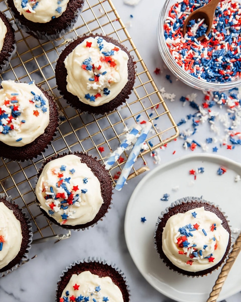 The image shows several chocolate cupcakes with a rich, dark brown base topped with a thick layer of creamy white frosting. Each cupcake is decorated with small red, white, and blue sprinkles scattered unevenly on top of the frosting. The cupcakes are placed on a gold cooling rack over a white marbled surface, with some sprinkles also scattered around. In the bottom right corner, there is a clear bowl filled with the same red, white, and blue sprinkles and a small wooden scoop. One cupcake sits alone on a white plate, also sprinkled with a few of the colorful sprinkles and a blue-and-white striped straw inserted into the cupcake. The overall look is bright and inviting, with the colors standing out against the white marbled background. photo taken with an iphone --ar 4:5 --v 7