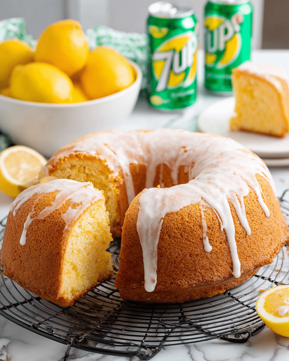 A golden brown bundt cake with a smooth, shiny white glaze drizzled over the top, sitting on a black cooling rack. The cake has one large slice cut out, showing a light, soft, and fluffy interior with a warm yellow color. In the background, there is a white bowl filled with bright yellow lemons, two green 7UP cans, a half lemon, and a small white plate holding the removed slice of cake. Everything is placed on a white marbled surface. photo taken with an iphone --ar 4:5 --v 7