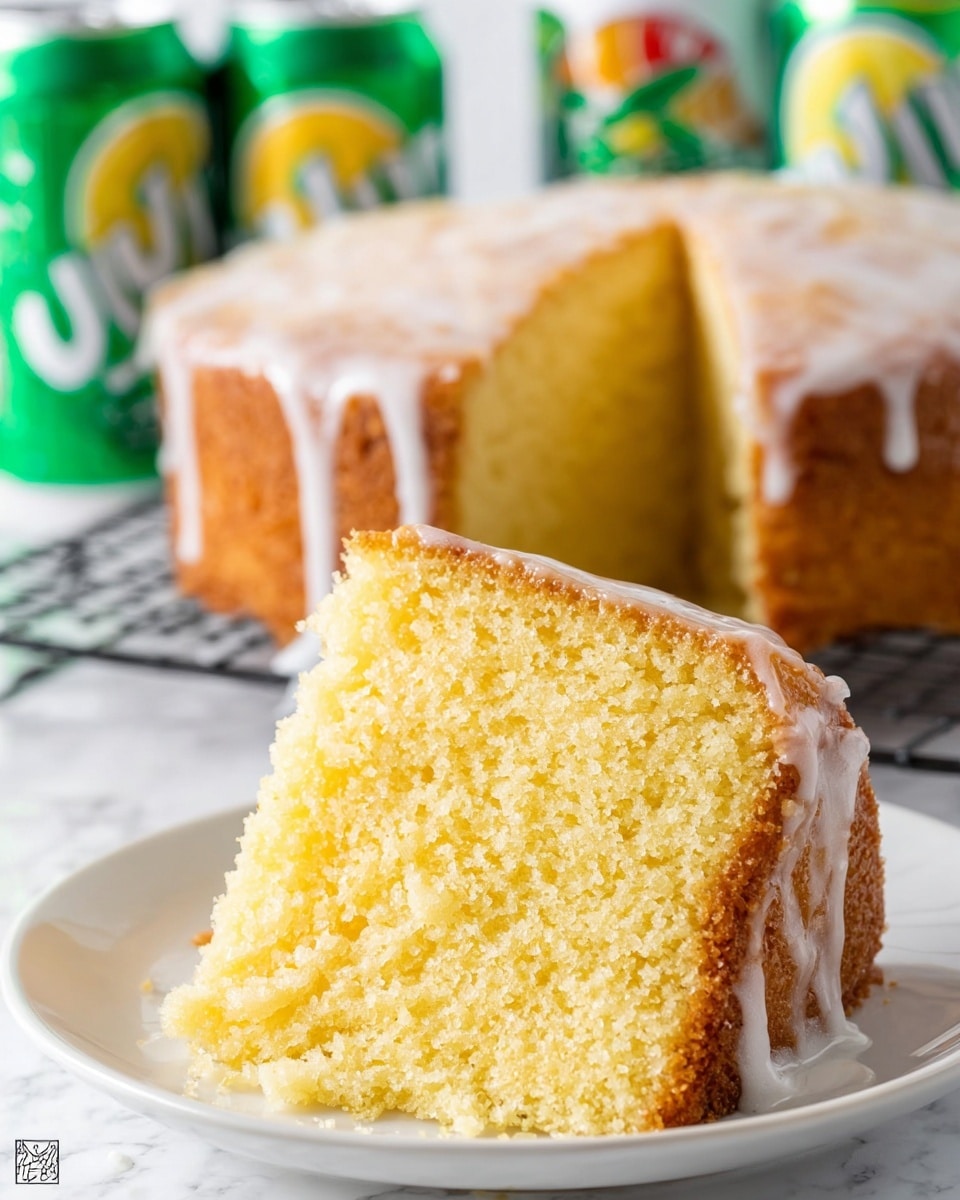 A single slice of moist, yellow cake with a light, airy texture sits on a white plate. The cake slice has a shiny white glaze drizzled over the top and dripping down the sides in even layers, giving it a slightly glossy finish. Behind the slice, there is a larger portion of the same cake with the same white glaze, resting on a cooling rack. In the background, three green cans of soda with colorful designs are slightly out of focus. The scene is set on a white marbled surface. Photo taken with an iphone --ar 4:5 --v 7