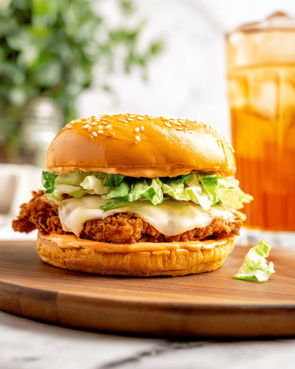 A sesame-seed top bun sits on the top layer, light golden and soft, followed by green leafy lettuce with ruffled edges, beneath which is a light orange creamy sauce dripping slightly down the sides. Below the sauce is a white melted slice of cheese resting on a large, dark golden brown crispy fried chicken fillet with a textured crust. The bottom layer is a golden brown bun with a soft texture. The sandwich is placed on a round wooden board, on a white marbled surface, with a blurred glass of iced drink and some greenery in the background. Photo taken with an iphone --ar 4:5 --v 7