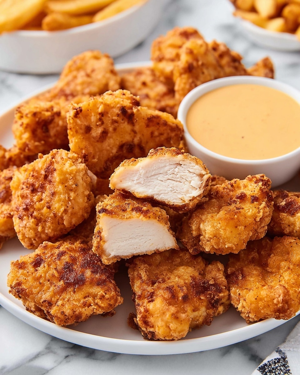 The image shows a white plate filled with several pieces of golden-brown fried chicken nuggets. The nuggets have a crispy, textured coating with some darker fried spots. One nugget in the center is cut in half, revealing tender, white chicken meat inside. Behind the nuggets, there is a small white bowl filled with creamy, light orange dipping sauce. The plate sits on a white marbled textured surface with some blurred fries and a white dish visible in the background. photo taken with an iphone --ar 4:5 --v 7